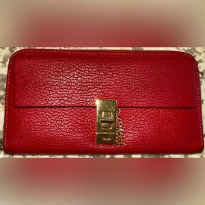 Classic Chloé Red Leather Front Pocket Continental Zip Around Wallet Gold HW EUC